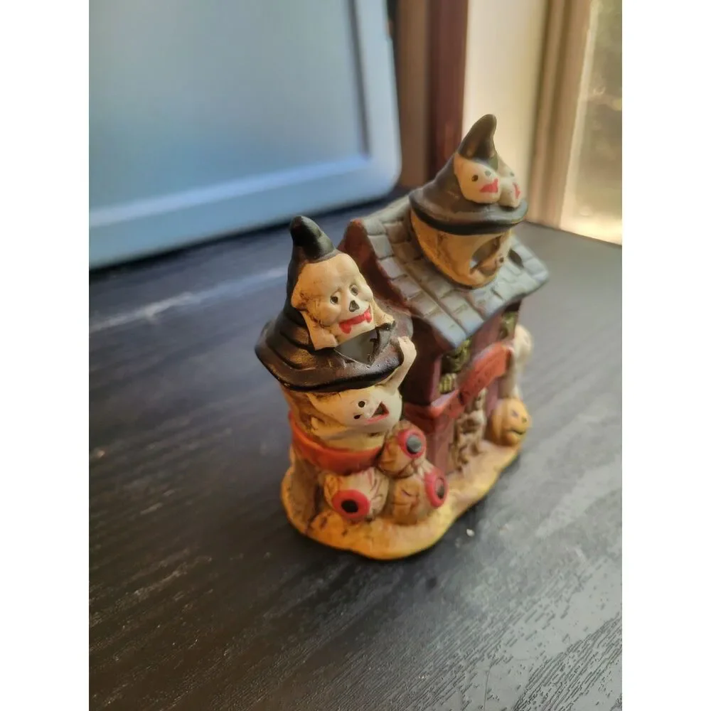Vintage Ceramic Halloween Haunted House Candle Holder Ghosts Eyeballs
